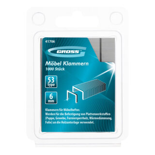 Скобы, 6 мм, для мебельного степлера, усиленные, тип 53// GROSS